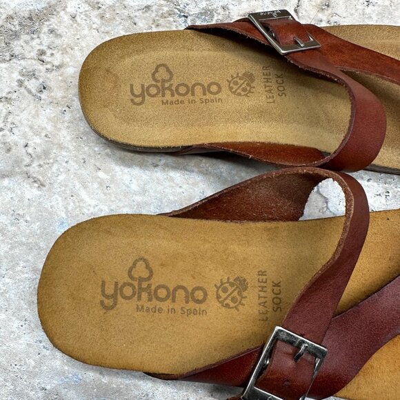Yokono Sandals Womens Size 9 Cognac Leather Toe Loop Slides Adjustable Buckle - Picture 8 of 11